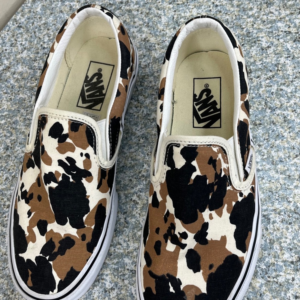 Vans Slip On Shoes Mens 6 Womens 7.5 Brown Cow Print Canvas Animal Sneakers - Picture 4 of 13